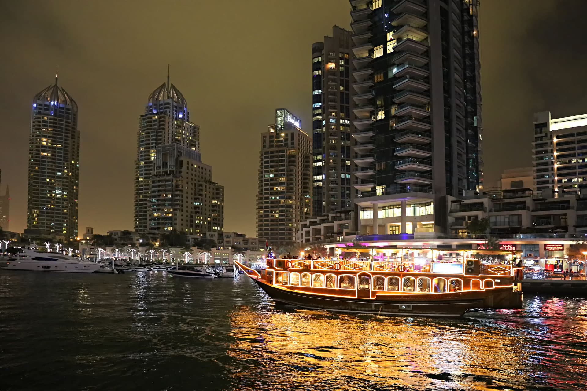 Dubai Marina illuminated waterfront and buildings at night